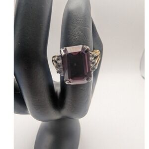 Emerald Cut Purple Gemstone Ring with Accent Stones Yellow Gold Tone Sz 5 Womens